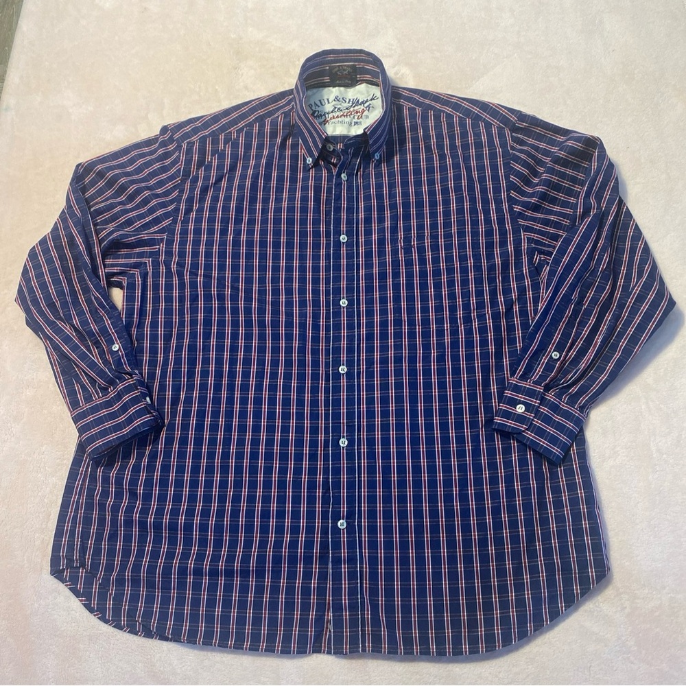 Paul & Shark Yachting Blue & Red‎ Stripe Button Down Dress Shirt Men's Size 44